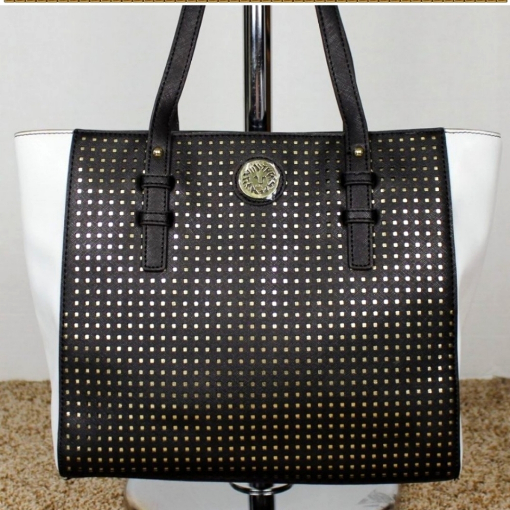 NWOT Anne Klein Black, Gold, & White Large faux leather Tote Bag Purse